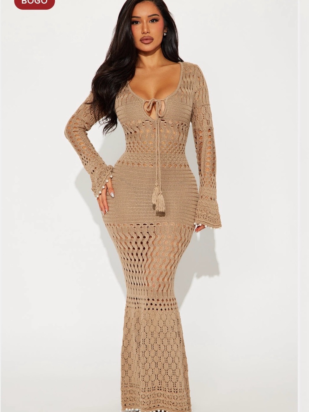 Crochet Mermaid Maxi Dress Cover Up Beige Tan Resort Vacation S - Picture 3 of 5